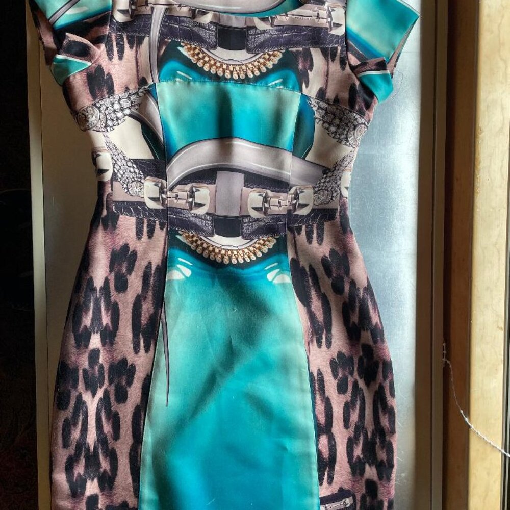 Falguni & Shane Peacock Dress, Blue, looks like a belt, Leopard print, gold neck